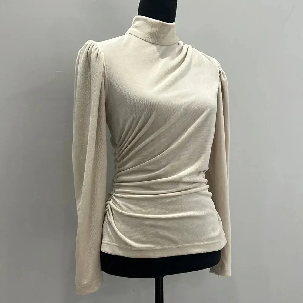A.C.L Ivory Rice Joss Mock Neck Long Sleeve Velvet Top size 8 - Picture 2 of 11